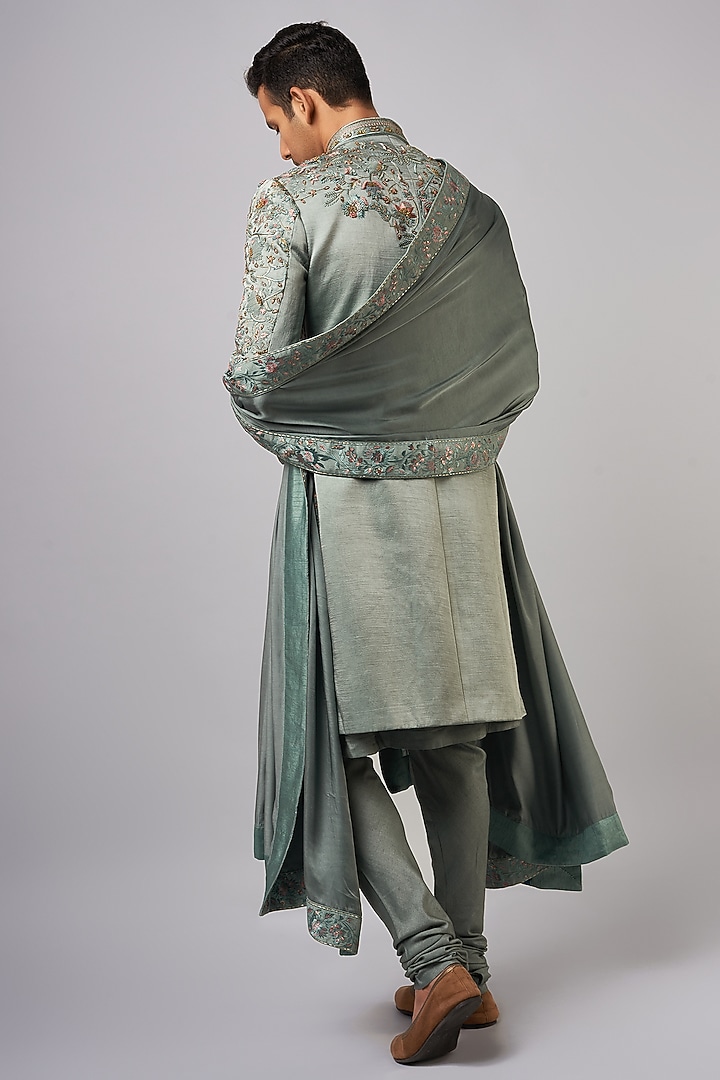 Chateau Grey Linen Silk Applique Hand Embroidered Groom Sherwani Set by Jatin Malik at Pernia's Pop Up Shop