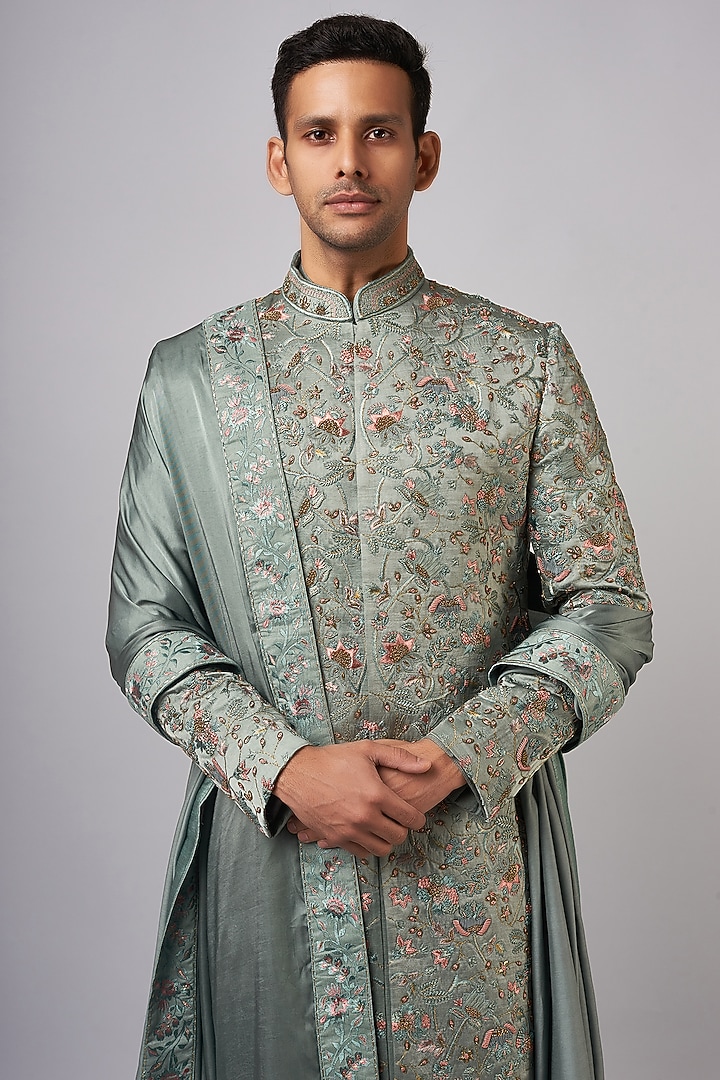 Chateau Grey Linen Silk Applique Hand Embroidered Groom Sherwani Set by Jatin Malik at Pernia's Pop Up Shop