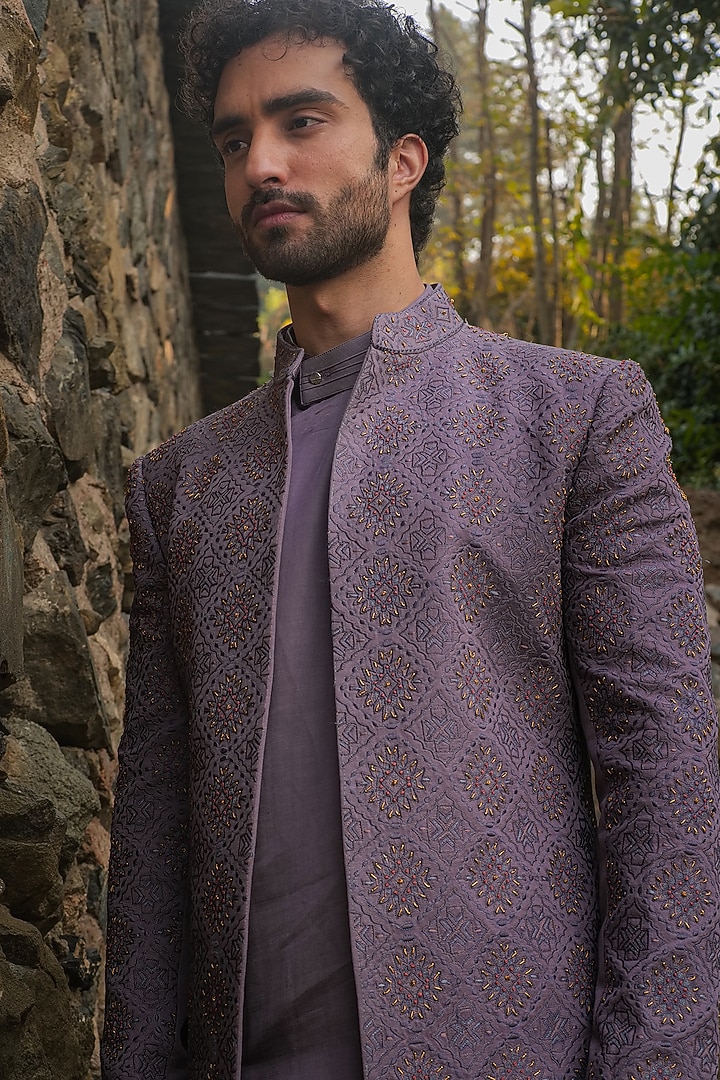 Purple Linen Silk Embroidered Groom Indowestern Set by Jatin Malik at Pernia's Pop Up Shop