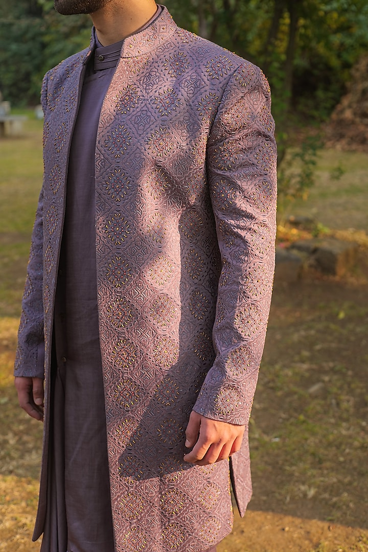 Purple Linen Silk Embroidered Groom Indowestern Set by Jatin Malik at Pernia's Pop Up Shop