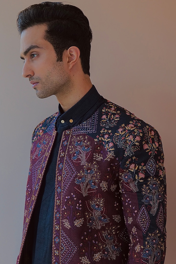 Wine & Midnight Blue Slub Silk Groom Indowestern Set by Jatin Malik at Pernia's Pop Up Shop