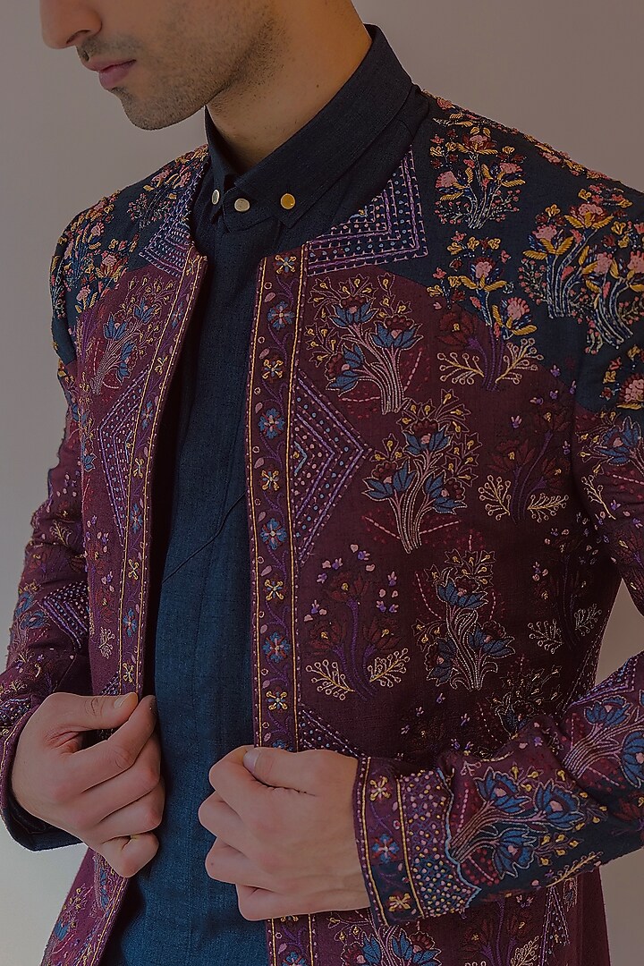 Wine & Midnight Blue Slub Silk Groom Indowestern Set by Jatin Malik at Pernia's Pop Up Shop