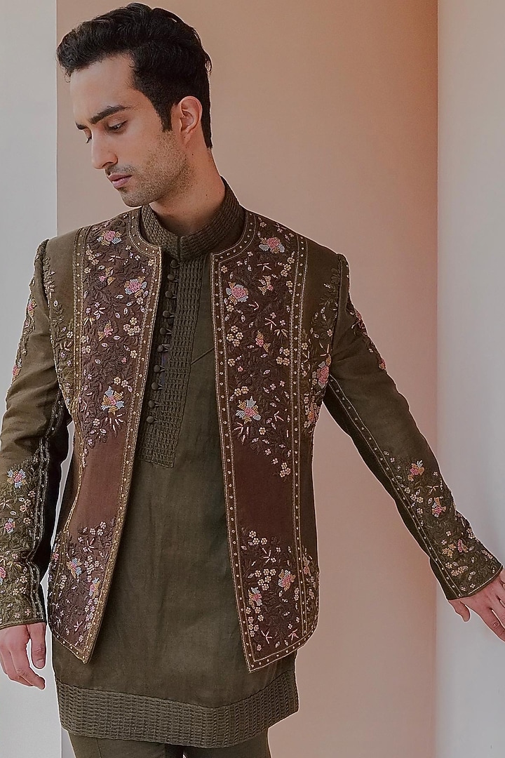 Brown & Olive Green Linen Silk Groom Indowestern Set by Jatin Malik at Pernia's Pop Up Shop