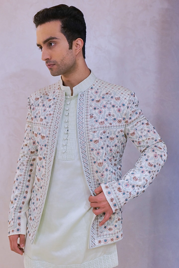 Hazy Blue Linen Silk Groom Indowestern Set by Jatin Malik at Pernia's Pop Up Shop