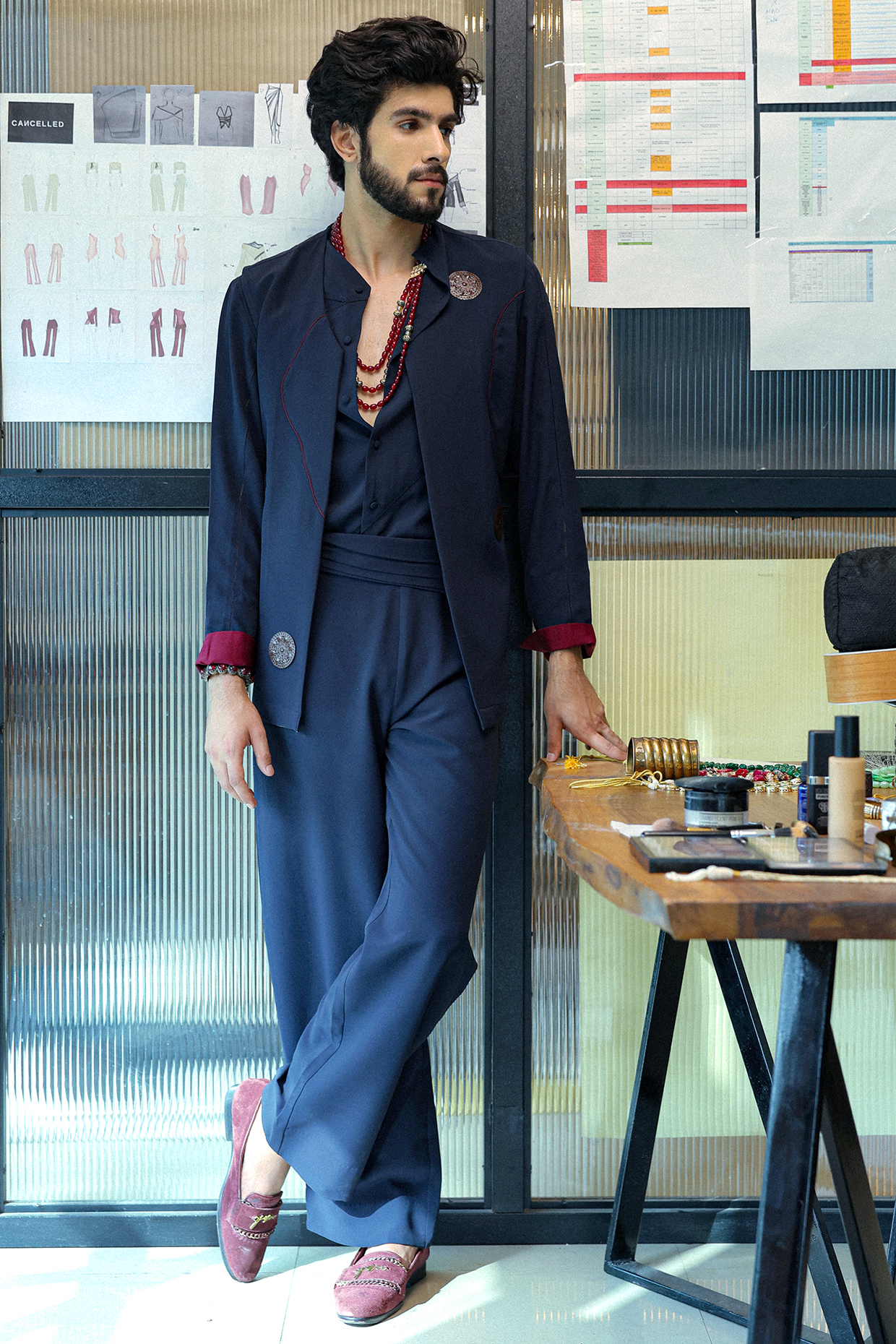 Blue Crepe Jacket Set by Jatin Malik