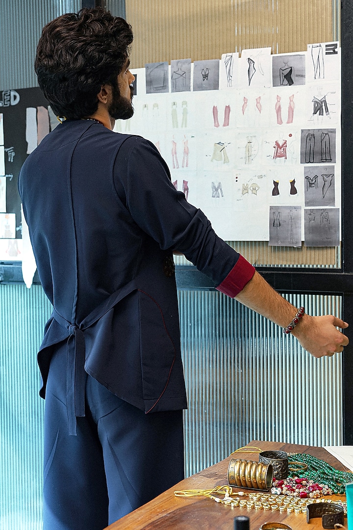 Blue Crepe Jacket Set by Jatin Malik at Pernia's Pop Up Shop