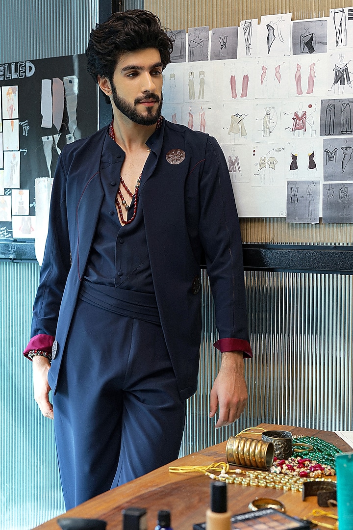 Blue Crepe Jacket Set by Jatin Malik at Pernia's Pop Up Shop