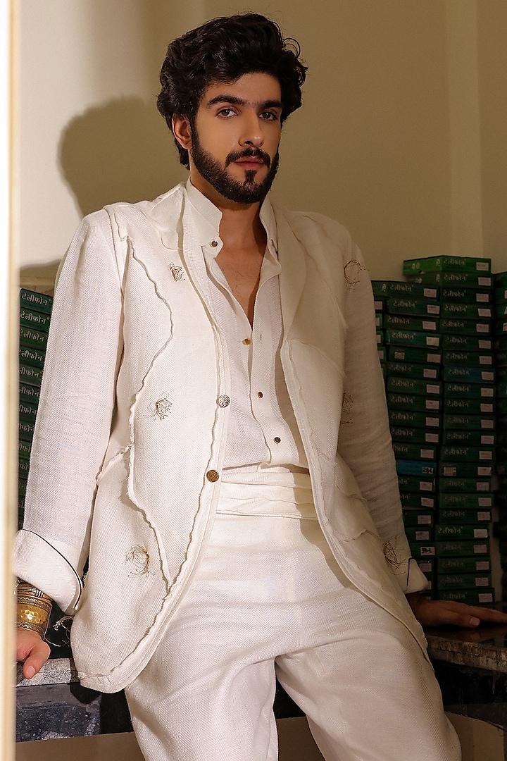 Ivory Linen Blend Jacket Set by Jatin Malik at Pernia's Pop Up Shop