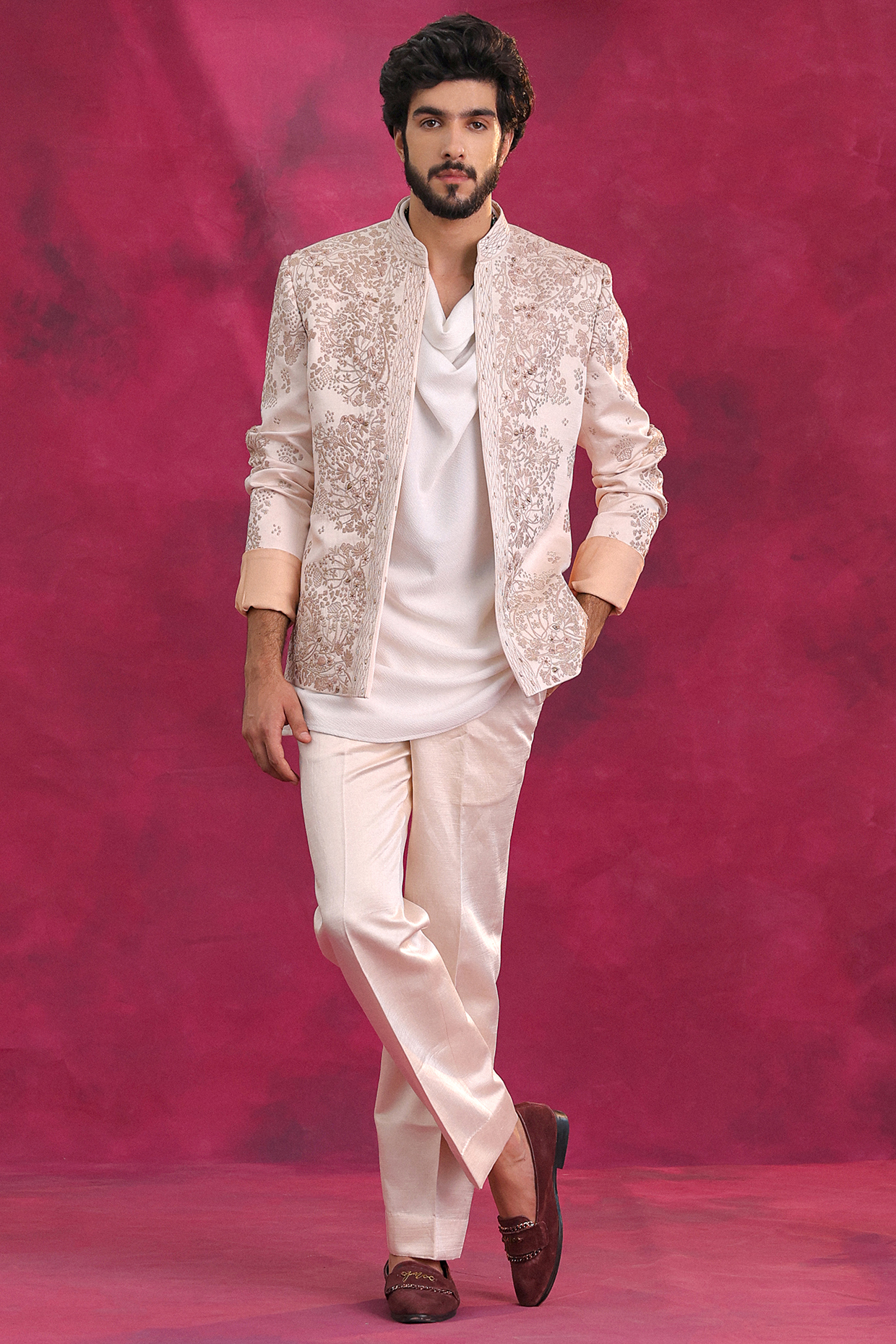 Pastel Pink Linen Silk Embroidered Bandhgala Set by Jatin Malik