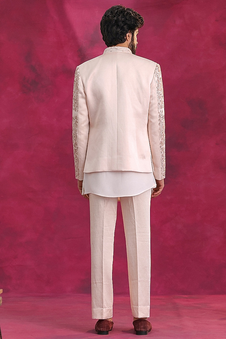 Pastel Pink Linen Silk Embroidered Groom Bandhgala Set by Jatin Malik at Pernia's Pop Up Shop