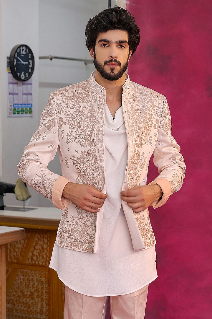 Pastel Pink Linen Silk Embroidered Groom Bandhgala Set by Jatin Malik at Pernia's Pop Up Shop