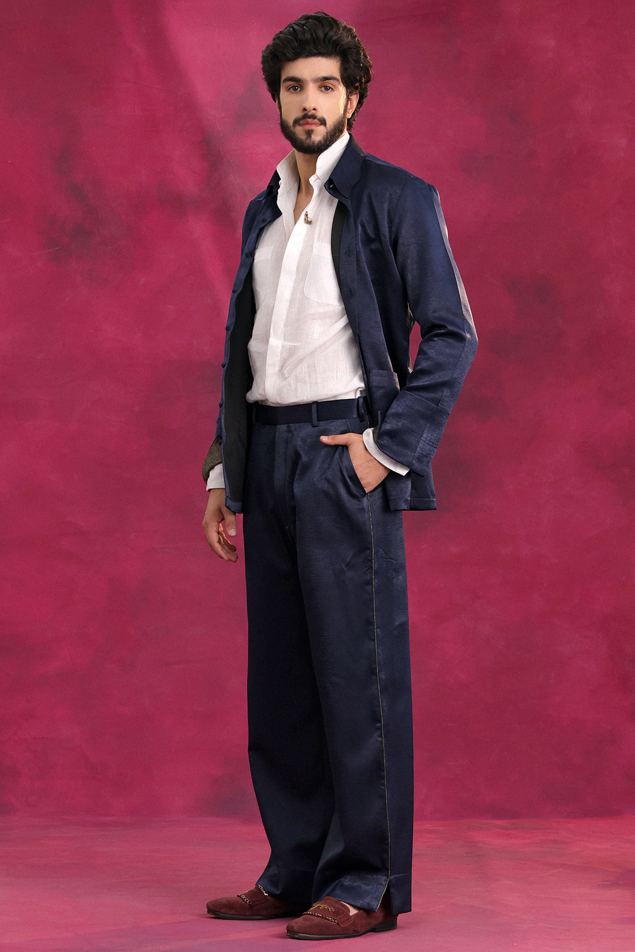 Midnight Blue Crepe Trouser Set by Jatin Malik