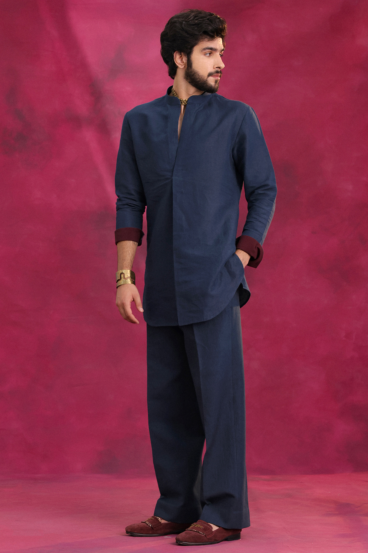 Midnight Blue Cotton Linen Shirt Kurta Set by Jatin Malik