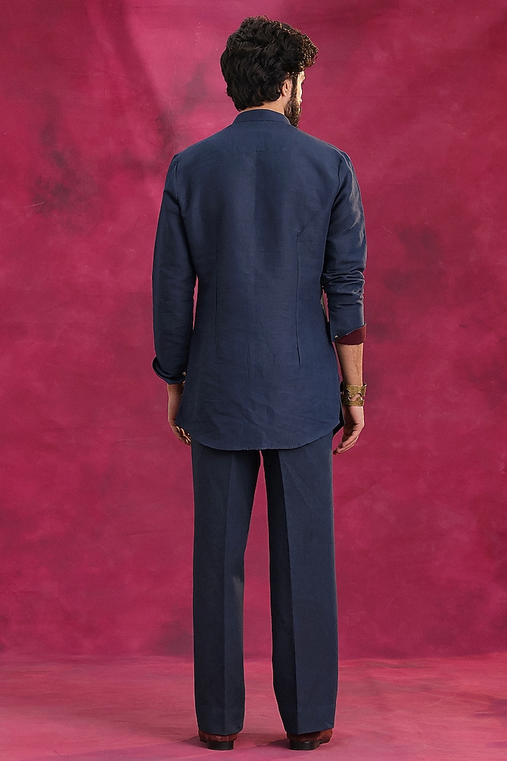 Midnight Blue Cotton Linen Shirt Kurta Set by Jatin Malik at Pernia's Pop Up Shop