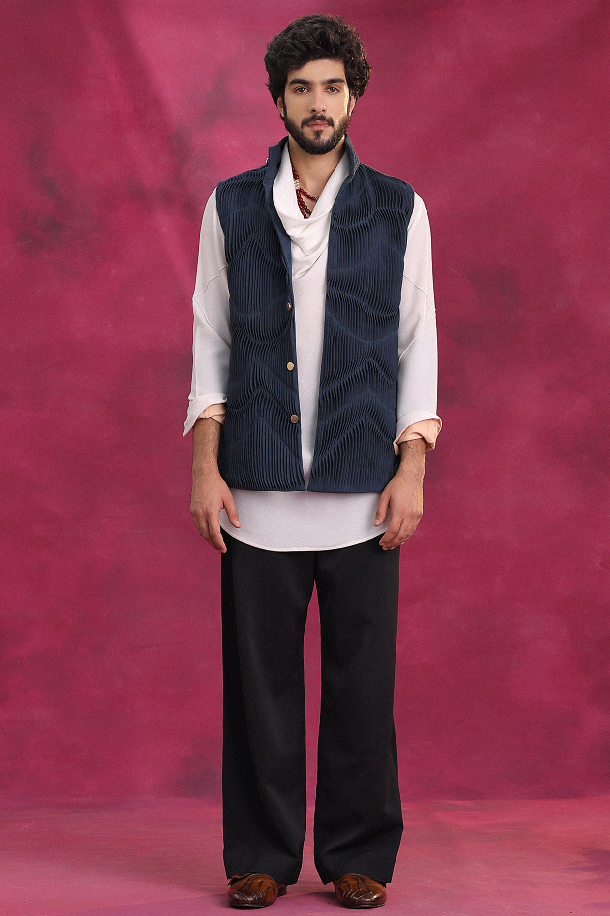 Midnight Blue Cotton Linen & Crepe Shacket Set by Jatin Malik