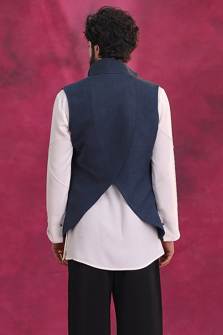 Midnight Blue Cotton Linen & Crepe Shacket Set by Jatin Malik at Pernia's Pop Up Shop