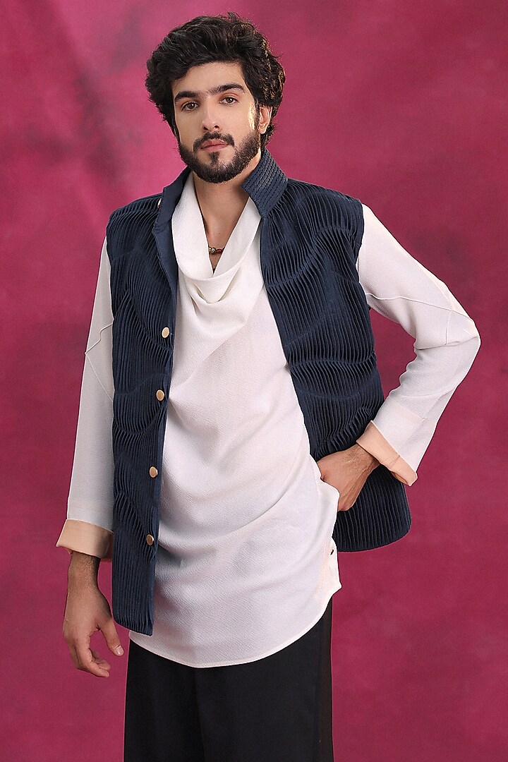 Midnight Blue Cotton Linen & Crepe Shacket Set by Jatin Malik at Pernia's Pop Up Shop