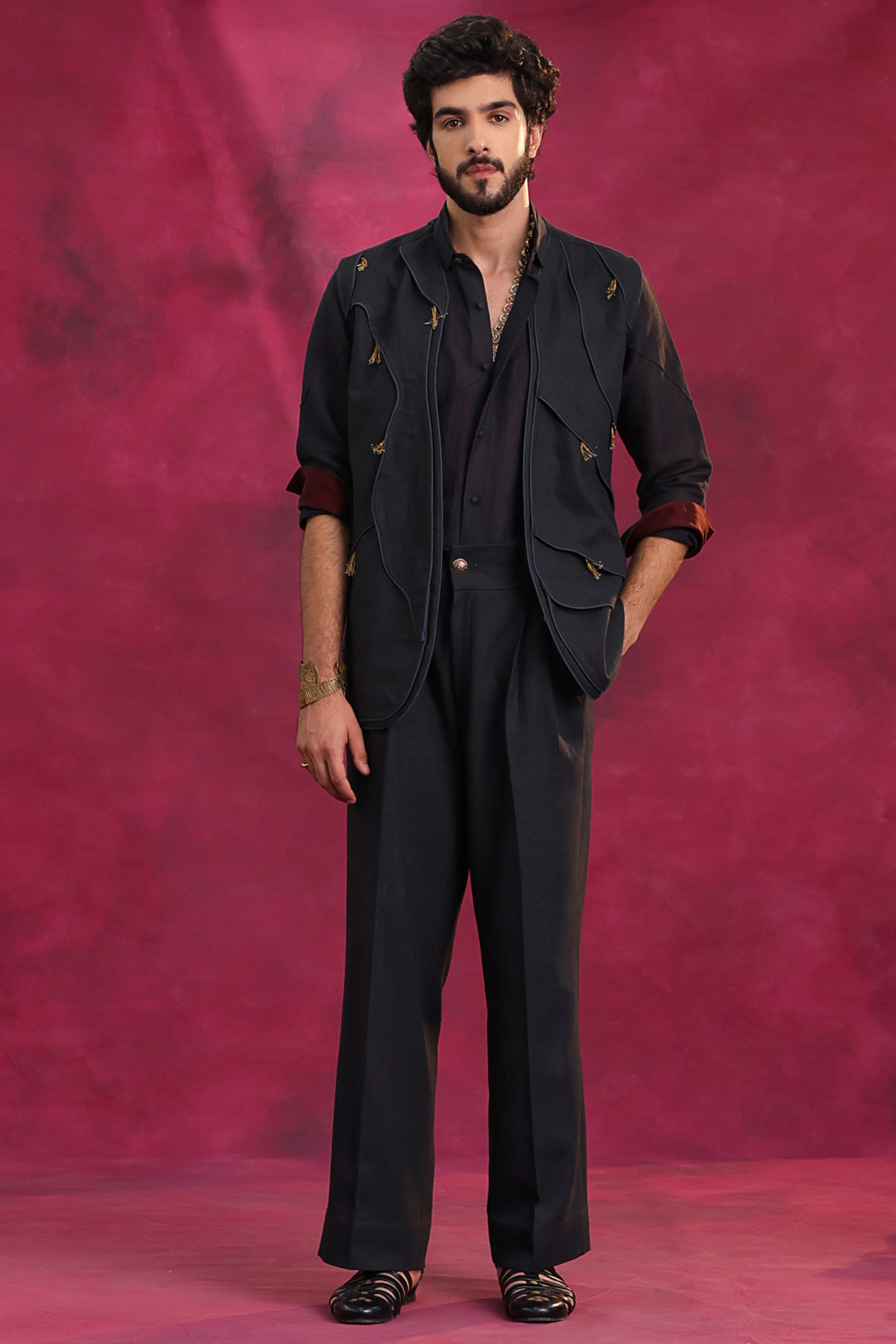 Charcoal Grey Cotton Linen Jacket Set by Jatin Malik