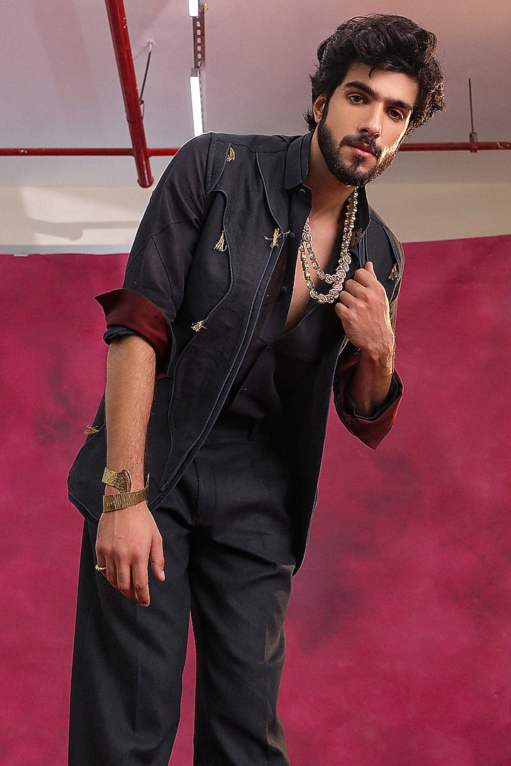 Charcoal Grey Cotton Linen Jacket Set by Jatin Malik at Pernia's Pop Up Shop