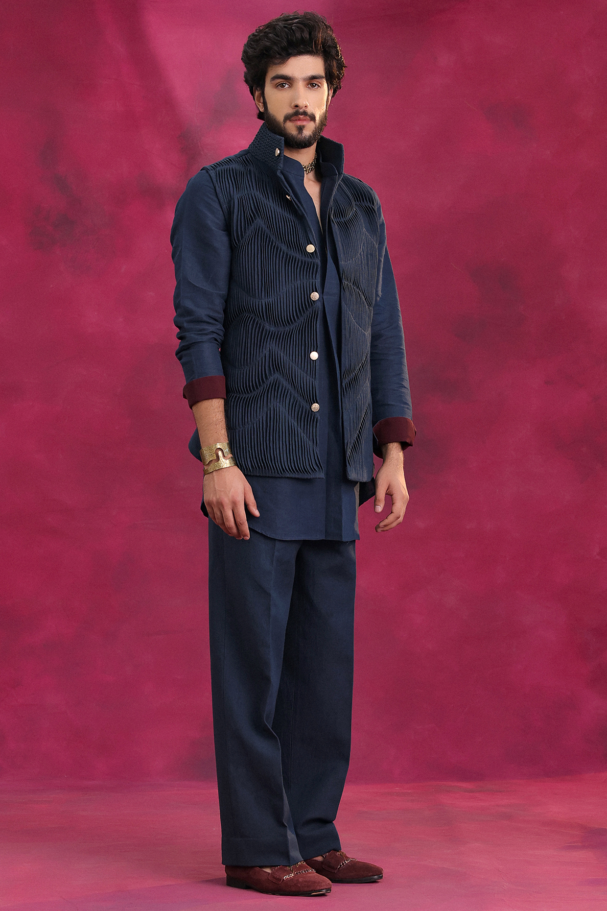 Midnight Blue Cotton Linen Shacket Set by Jatin Malik