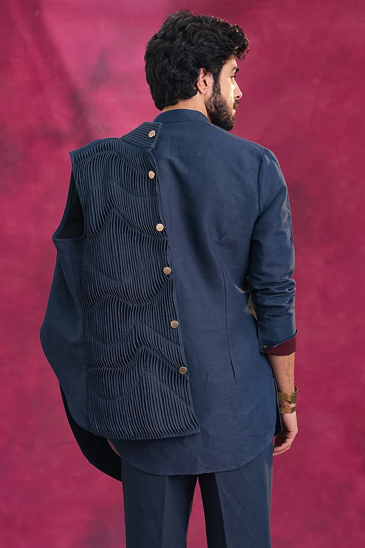 Midnight Blue Cotton Linen Shacket Set by Jatin Malik at Pernia's Pop Up Shop