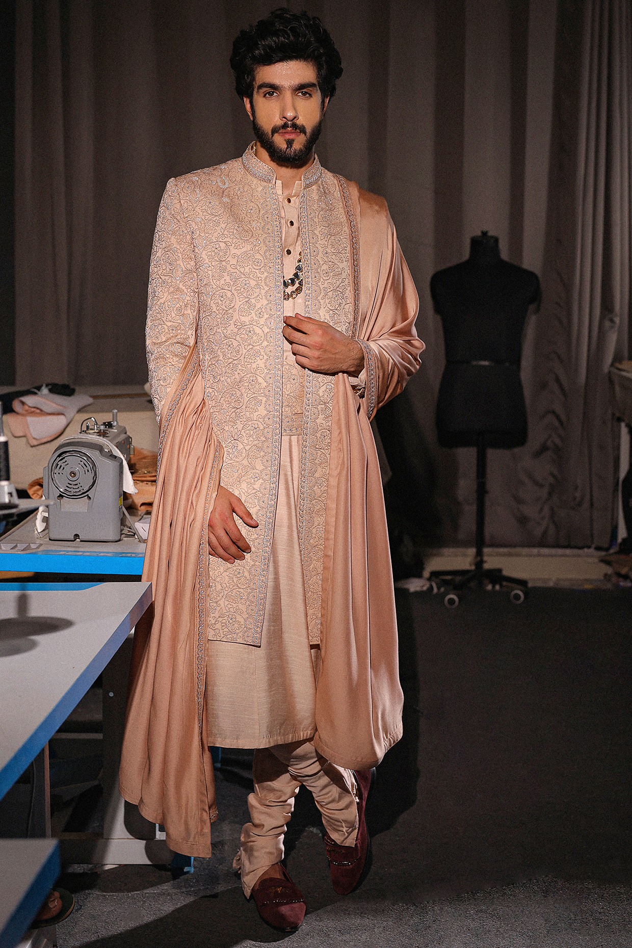 Peach Linen Silk Hand Embroidered Sherwani Set by Jatin Malik