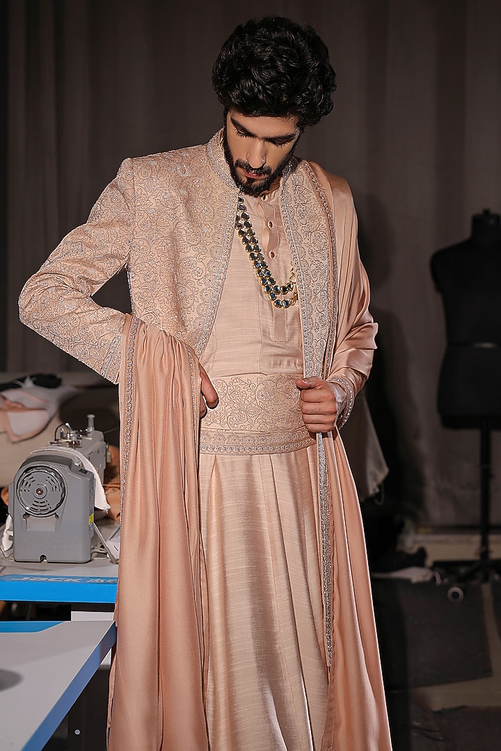 Peach Linen Silk Hand Embroidered Groom Sherwani Set by Jatin Malik at Pernia's Pop Up Shop