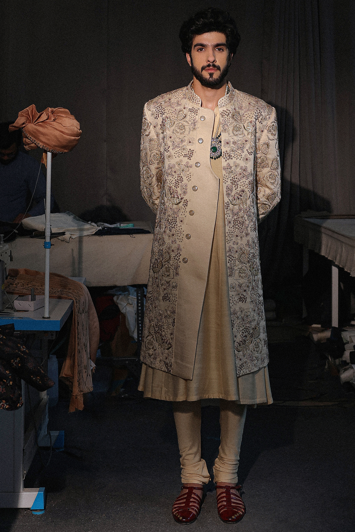 Beige Linen Silk Hand Embroidered Sherwani Set by Jatin Malik