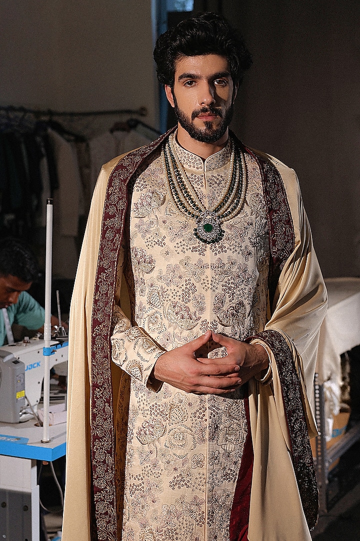 Beige Linen Silk Hand Embroidered Groom Sherwani Set by Jatin Malik at Pernia's Pop Up Shop