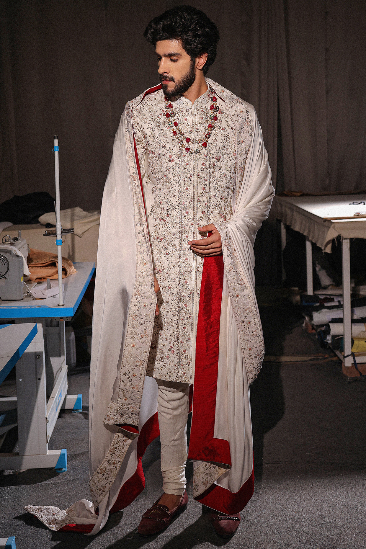 Ivory Linen Silk Zardosi Hand Embroidered Sherwani Set by Jatin Malik