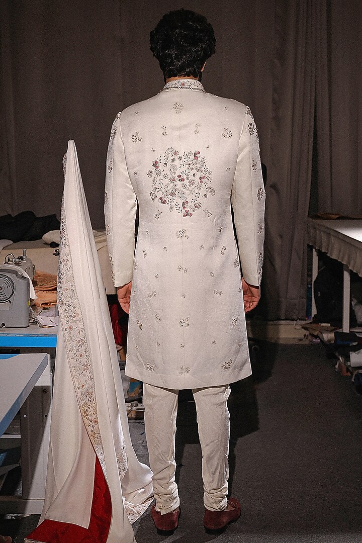 Ivory Linen Silk Zardosi Hand Embroidered Groom Sherwani Set by Jatin Malik at Pernia's Pop Up Shop