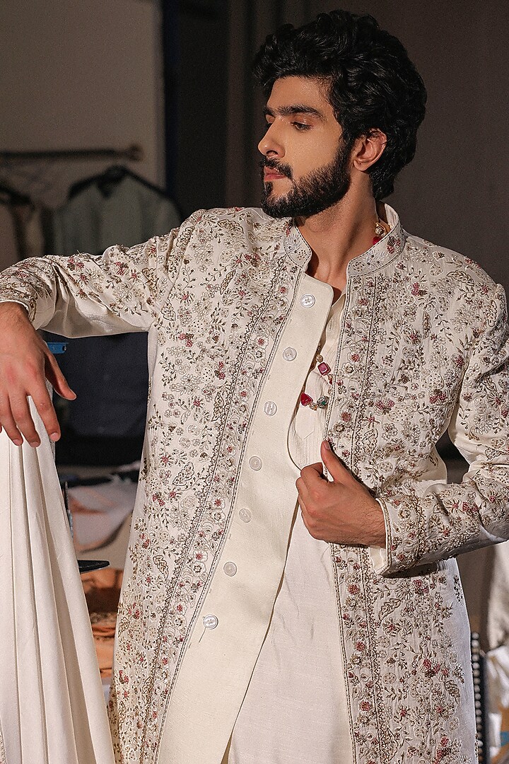 Ivory Linen Silk Zardosi Hand Embroidered Groom Sherwani Set by Jatin Malik at Pernia's Pop Up Shop