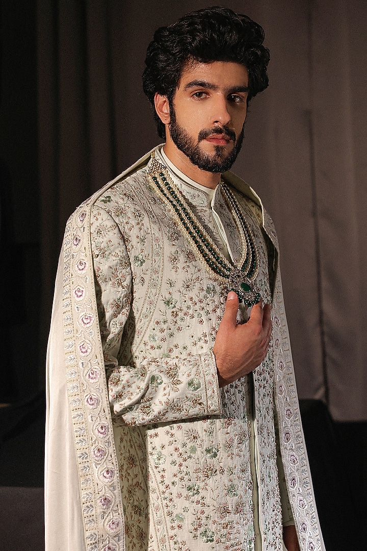 Blue Linen Silk Zardosi Hand Embroidered Groom Sherwani Set by Jatin Malik at Pernia's Pop Up Shop