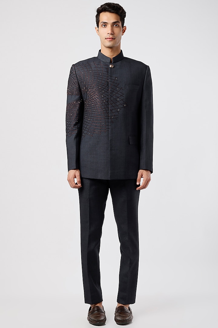 Dark Blue Embroidered Bandhgala Set by Jatin Malik