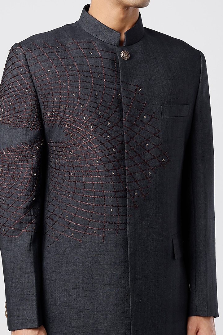 Dark Blue Embroidered Wedding Bandhgala Set by Jatin Malik at Pernia's Pop Up Shop