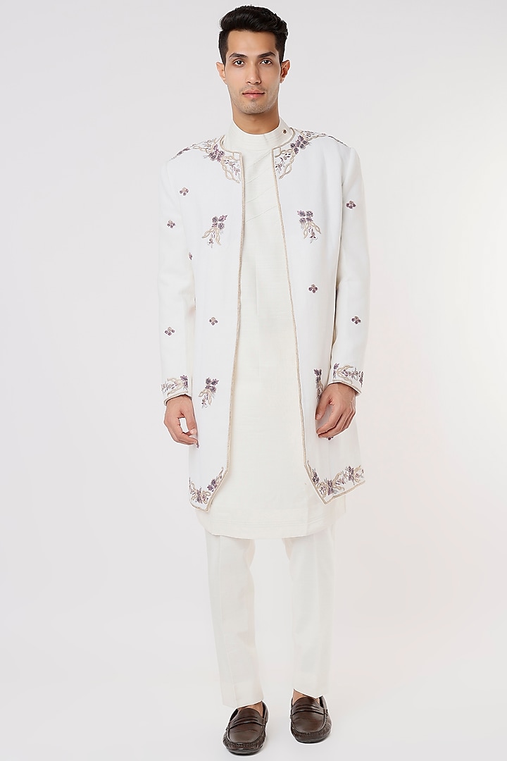 Ivory Embroidered Achkan Jacket With Kurta Set by Jatin Malik
