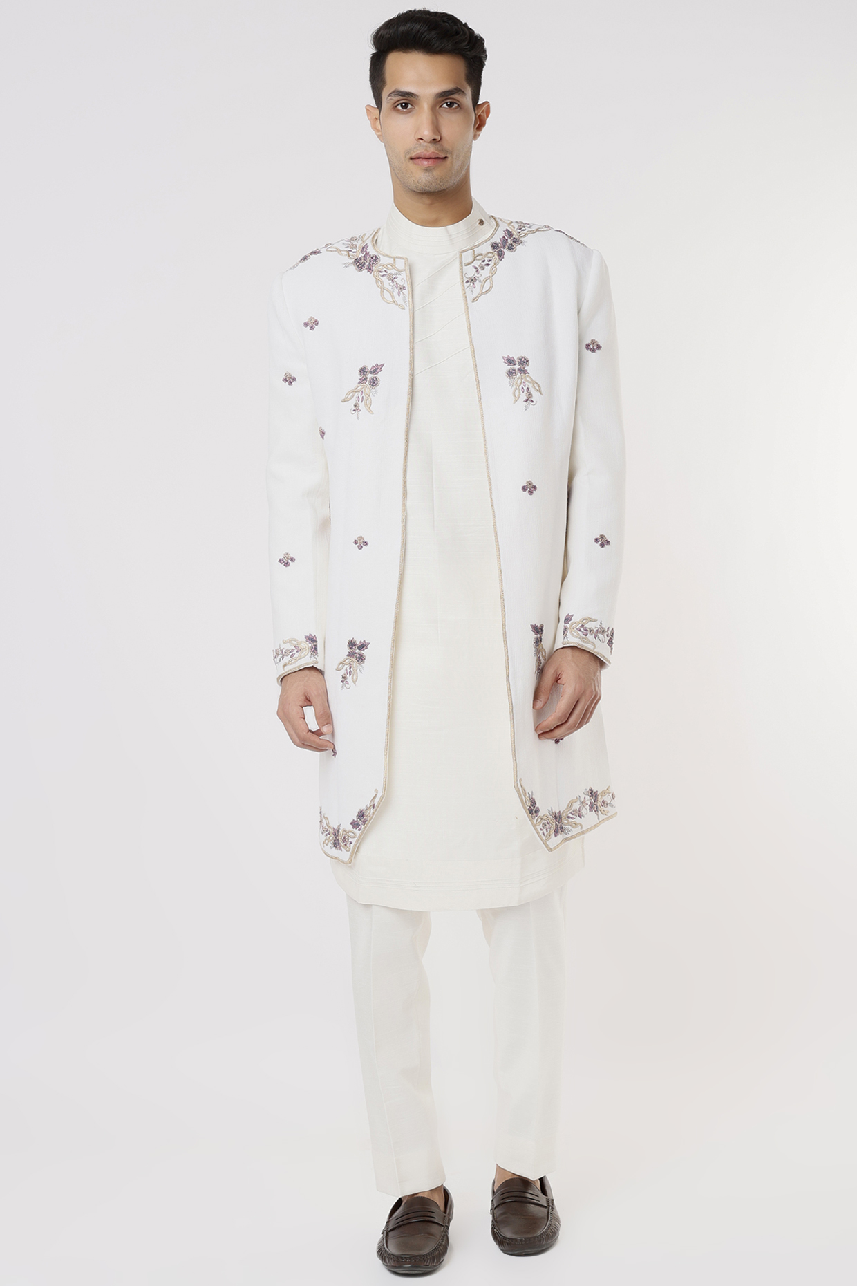 Ivory Embroidered Achkan Jacket With Kurta Set by Jatin Malik