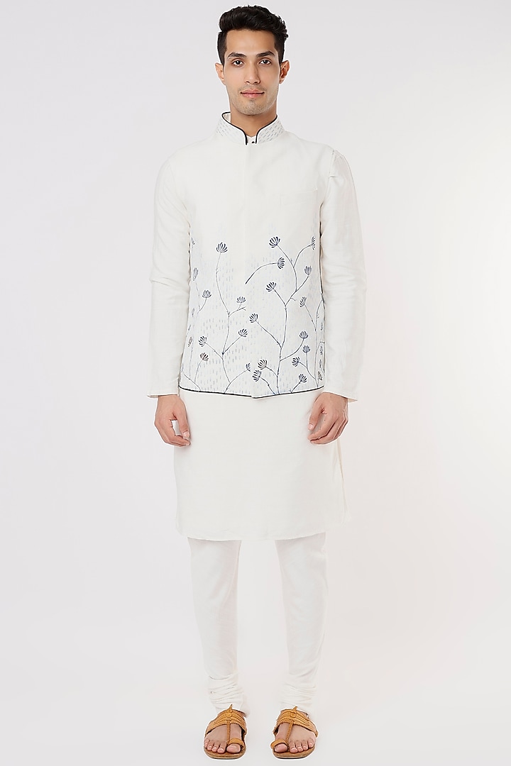 Ivory Embroidered Nehru Jacket With Kurta Set by Jatin Malik