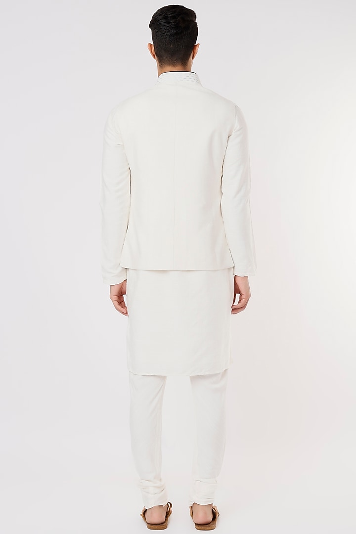 Ivory Slub Silk Handpainted & Hand Embroidered Nehru Jacket Set by Jatin Malik at Pernia's Pop Up Shop