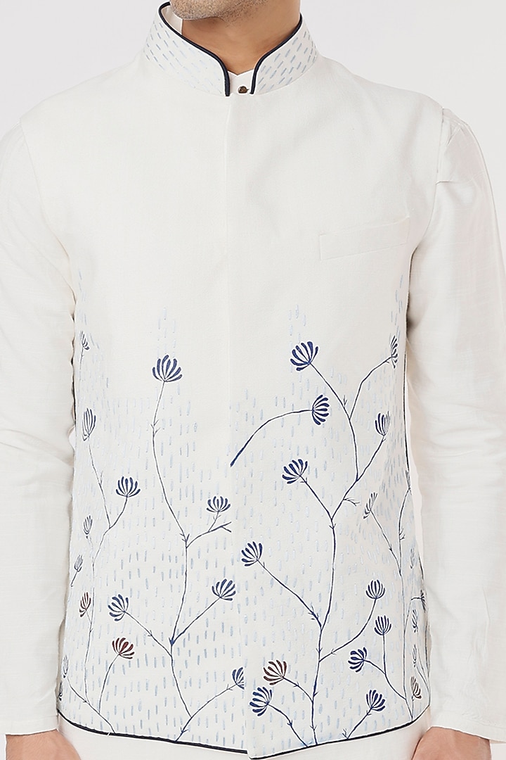 Ivory Slub Silk Handpainted & Hand Embroidered Nehru Jacket Set by Jatin Malik at Pernia's Pop Up Shop