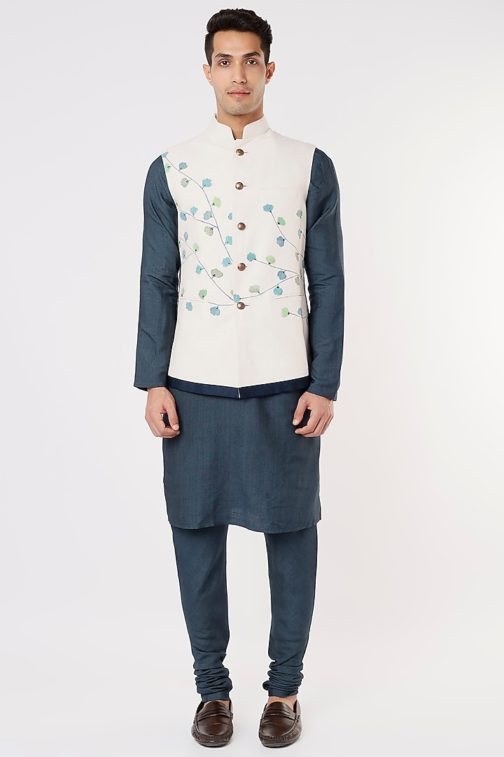 Ivory Slub Silk Hand Textured Nehru Jacket Set by Jatin Malik