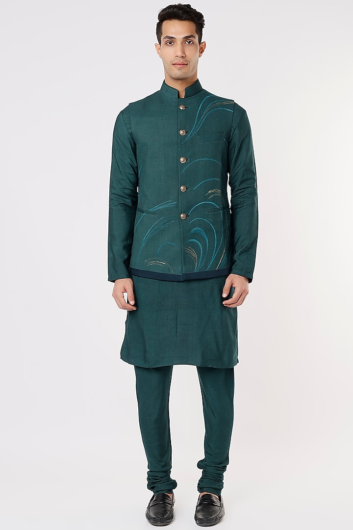Forest Green Embroidered Nehru Jacket With Kurta Set by Jatin Malik