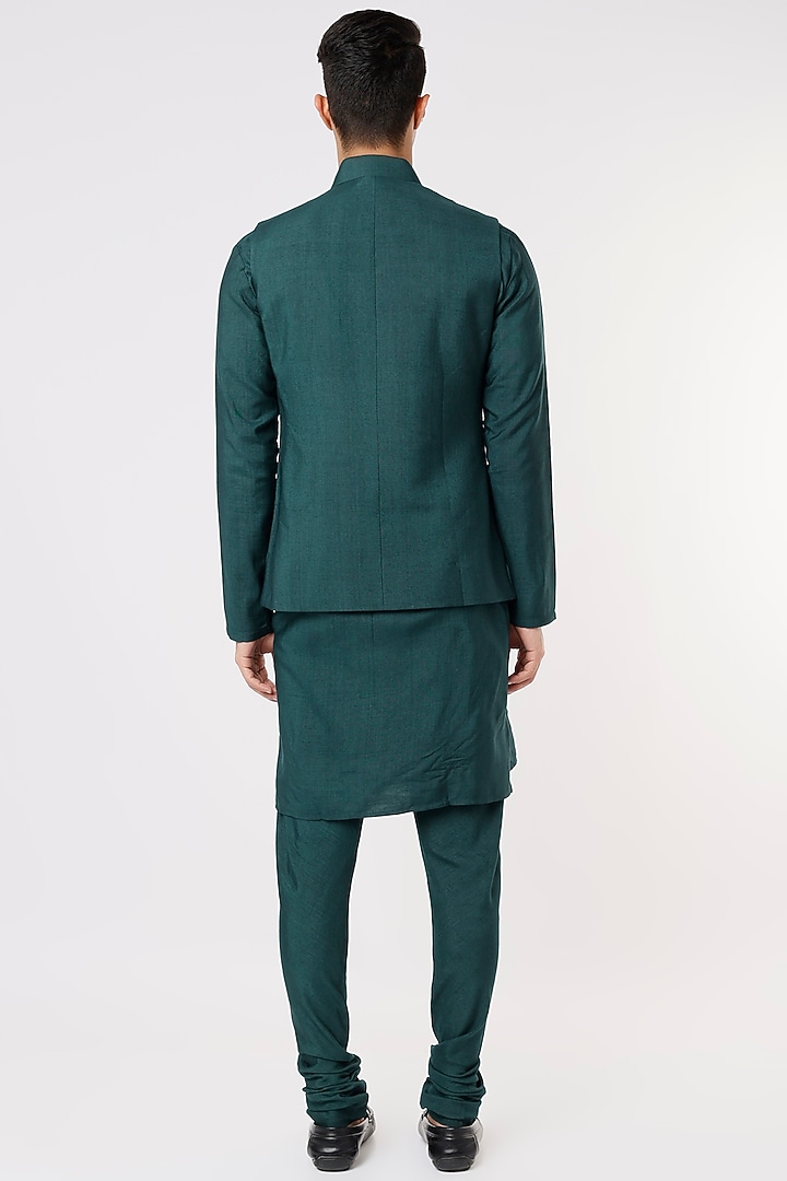Forest Green Slub Silk Hand Painted Nehru Jacket Set by Jatin Malik at Pernia's Pop Up Shop