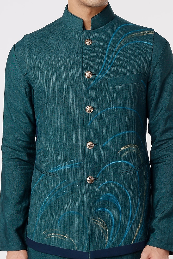 Forest Green Slub Silk Hand Painted Nehru Jacket Set by Jatin Malik at Pernia's Pop Up Shop