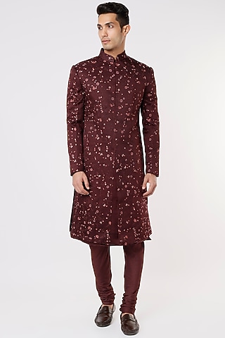 Wine Hand Embroidered Sherwani Set by Jatin Malik