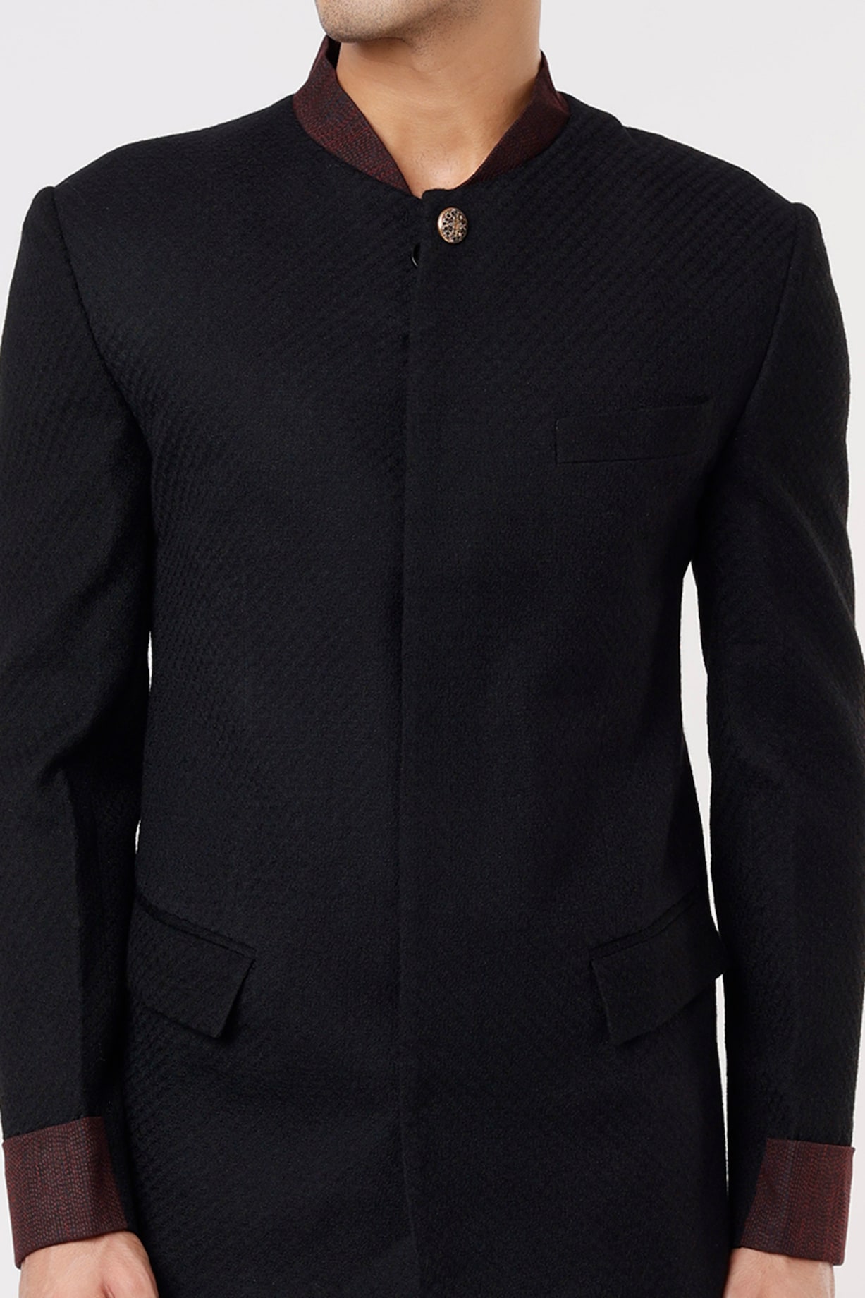 Black Textured Fabric Bandhgala Jacket Set by Jatin Malik