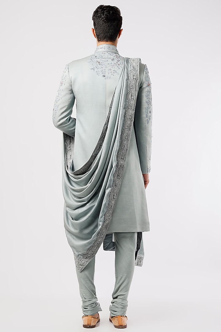 Ice Blue Linen Silk Hand Embroidered Groom Sherwani Set by Jatin Malik at Pernia's Pop Up Shop