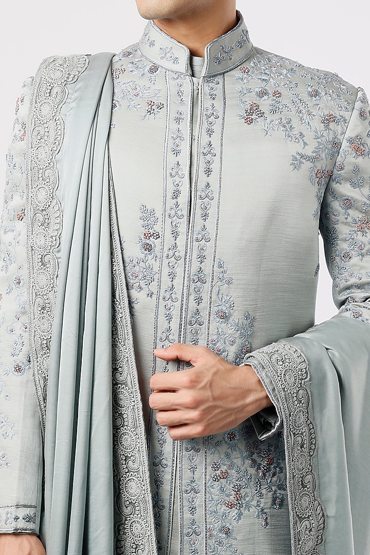 Ice Blue Linen Silk Hand Embroidered Groom Sherwani Set by Jatin Malik at Pernia's Pop Up Shop