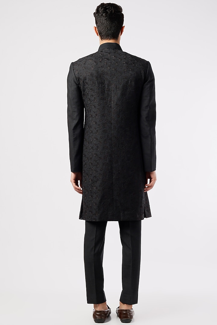 Black Slub Silk Motif Embroidered Groom Sherwani Set by Jatin Malik at Pernia's Pop Up Shop