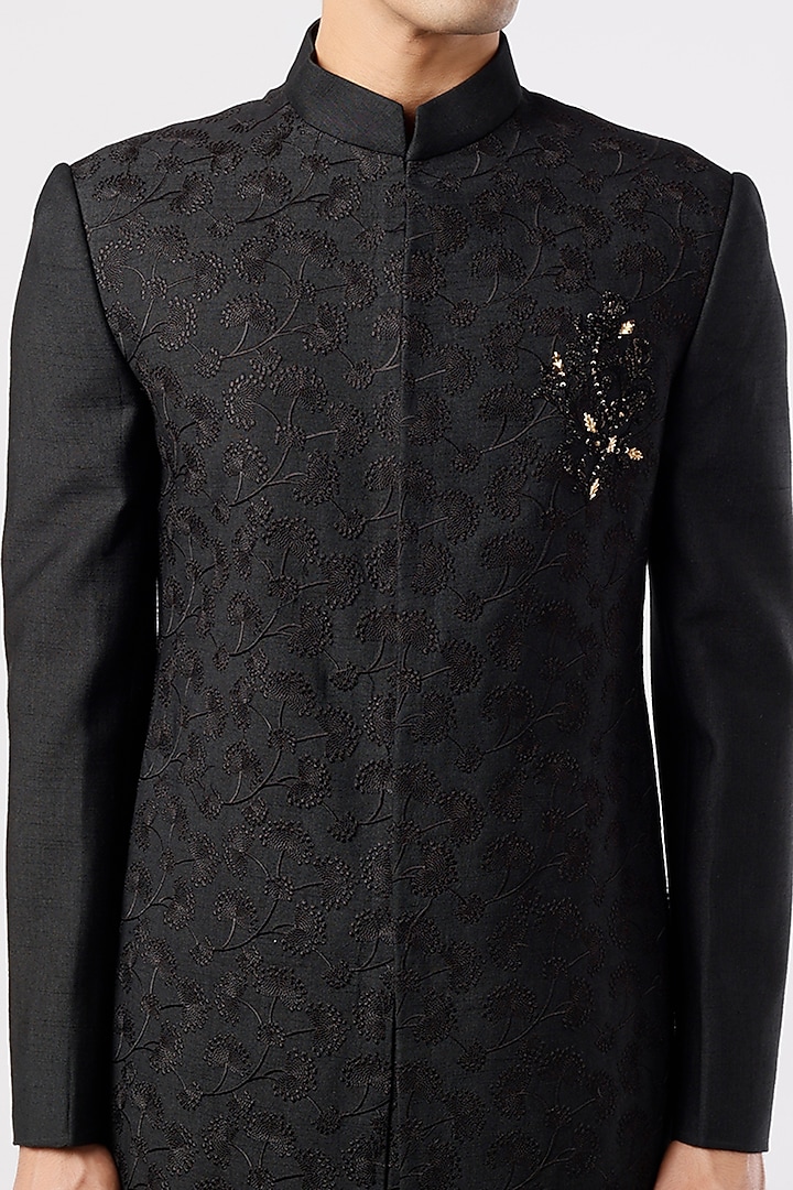Black Slub Silk Motif Embroidered Groom Sherwani Set by Jatin Malik at Pernia's Pop Up Shop